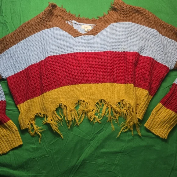 Knit Cropped Red Yellow Brown Blue Fringe Hem Sweater Size Large - Picture 2 of 6